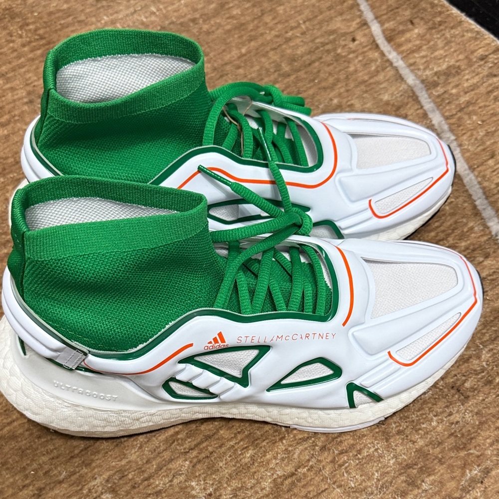 adidas by Stella McCartney White & Green Athletic Shoes with Orange Accents